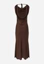 Brązowa Satynowa Sukienka na Ozdobnych Ramiączkach z Dekoltem Woda Avalentara