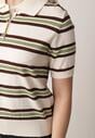 Zielono-Kremowy T-shirt Typu Polo z Wiskozą Ozdobiony Guzikami i Paskami Esefia