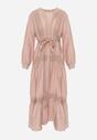 Jasnoróżowa Rozkloszowana Sukienka z Wiskozy z Wiązanym Paskiem i Koronką Reivoria