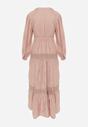 Jasnoróżowa Rozkloszowana Sukienka z Wiskozy z Wiązanym Paskiem i Koronką Reivoria