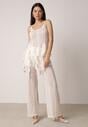 Beżowy Rustykalny Komplet z Koronką i Falbankami Top i Szerokie Spodnie Pretissa