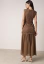 Brązowa Sukienka Ażurowa z Usztywnioną Linią Ramion i Przezroczystym Dołem Semiriel