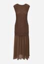 Brązowa Sukienka Ażurowa z Usztywnioną Linią Ramion i Przezroczystym Dołem Semiriel