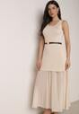 Beżowa Dwuwarstwowa Sukienka Dzianinowa z Wiskozą i Paskiem z Klamrą Arkesia