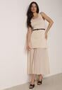 Beżowa Dwuwarstwowa Sukienka Dzianinowa z Wiskozą i Paskiem z Klamrą Arkesia