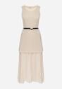 Beżowa Dwuwarstwowa Sukienka Dzianinowa z Wiskozą i Paskiem z Klamrą Arkesia