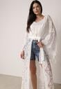 Biały Kardigan Ażurowa Narzutka z Materiałowym Paskiem Arisstea