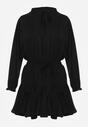 Czarna Rozkloszowana Sukienka z Wiskozą Zdobiona Falbanami i Wiązaniem Lerienatia