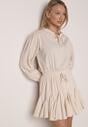 Beżowa Rozkloszowana Sukienka z Wiskozą Zdobiona Falbanami i Wiązaniem Lerienatia
