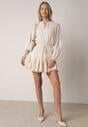 Beżowa Rozkloszowana Sukienka z Wiskozą Zdobiona Falbanami i Wiązaniem Lerienatia