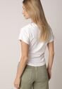 Biały Bawełniany T-shirt z Marszczeniem w Talii i Dekoltem w Łódkę Savorith