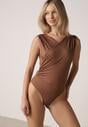 Brązowe Body Bez Rękawów z Kopertowym Dekoltem Neaniethra