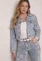 Niebieska Krótka Kurtka Jeansowa z Bawełną i Wiskozą w Kwiatowy Wzór Neanelith