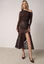 Brązowa Spódnica z Satyny z Koronką i Rozcięciem na Nogę Doritana