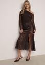 Brązowa Spódnica z Satyny z Koronką i Rozcięciem na Nogę Doritana
