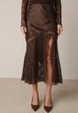 Brązowa Spódnica z Satyny z Koronką i Rozcięciem na Nogę Doritana