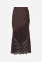Brązowa Spódnica z Satyny z Koronką i Rozcięciem na Nogę Doritana