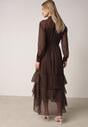 Brązowa Koszulowa Sukienka z Dłuższym Tyłem i Falbanami Savandra