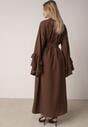 Brązowa Wiskozowa Sukienka Koszulowa z Falbanami przy Rękawach i Paskiem Dinirae