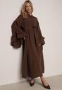 Brązowa Wiskozowa Sukienka Koszulowa z Falbanami przy Rękawach i Paskiem Dinirae
