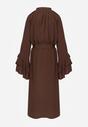 Brązowa Wiskozowa Sukienka Koszulowa z Falbanami przy Rękawach i Paskiem Dinirae