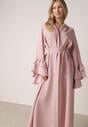 Różowa Wiskozowa Sukienka Koszulowa z Falbanami przy Rękawach i Paskiem Dinirae