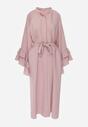 Różowa Wiskozowa Sukienka Koszulowa z Falbanami przy Rękawach i Paskiem Dinirae
