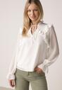 Biała Romantyczna Bluzka z Falbankami i Wiązaniem przy Dekolcie Zeaniyana