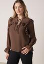 Brązowa Romantyczna Bluzka z Falbankami i Wiązaniem przy Dekolcie Zeaniyana