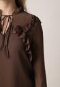 Brązowa Romantyczna Bluzka z Falbankami i Wiązaniem przy Dekolcie Zeaniyana