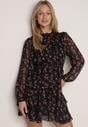 Czarna Rozkloszowana Sukienka w Kwiaty i Kropki z Transparentnymi Rękawami Edinella