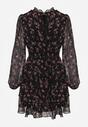 Czarna Rozkloszowana Sukienka w Kwiaty i Kropki z Transparentnymi Rękawami Edinella