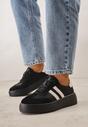 Czarne Skórzane Sneakersy na Grubej Podeszwie Ozdobione  Paskami i Perforacją Wiefia