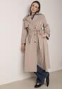 Beżowy Bawełniano-Wiskozowy Płaszcz Trencz z Wiązanym Paskiem i Klapą Lissana