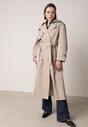 Beżowy Bawełniano-Wiskozowy Płaszcz Trencz z Wiązanym Paskiem i Klapą Lissana
