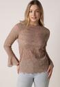 Brązowa Koronkowa Bluzka z Falbanką i Rozszerzanymi Rękawami Nelaetia