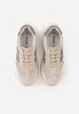 Jasnobeżowe Zamszowe Sneakersy Ozdobione Perforacją i Paskami Semielle