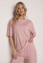 Różowy Komplet Oversize z Cyrkoniami T-shirt i Spodnie Arnatea