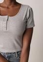 Szary Prążkowany Top Bawełniany z Guzikami przy Dekolcie Nedera