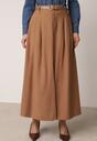 Brązowa Wiskozowa Spódnica o Rozkloszowanym Kroju z Rozcięciem i Paskiem Jaelia