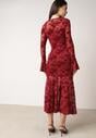 Czerwona Siateczkowa Sukienka Koktajlowa VICES z Welurowym Wzorem w Kwiaty Azimene