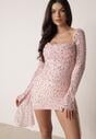Różowa Cekinowa Sukienka VICES o Dopasowanym Kroju z Wiązaniem Adrasalphia