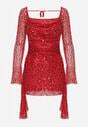 Czerwona Cekinowa Sukienka VICES o Dopasowanym Kroju z Wiązaniem Adrasalphia