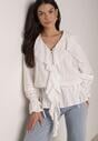 Biała Bawełniana Bluzka w Romantycznym Stylu z Falbankami i Wiązaniem Cezarina