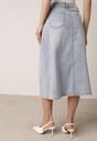 Niebieska Jeansowa Spódnica z Bawełną Wysokim Stanem i Rozcięciem z Przodu Cannate