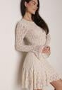 Beżowa Sukienka Koronkowa z Rozkloszowanymi Rękawami Cinatea