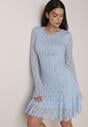 Niebieska Sukienka Koronkowa z Rozkloszowanymi Rękawami Cinatea