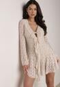 Beżowa Koronkowa Sukienka z Falbankami i Wiązaniem przy Dekolcie Delanatea