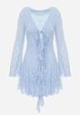 Niebieska Koronkowa Sukienka z Falbankami i Wiązaniem przy Dekolcie Delanatea