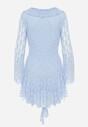 Niebieska Koronkowa Sukienka z Falbankami i Wiązaniem przy Dekolcie Delanatea